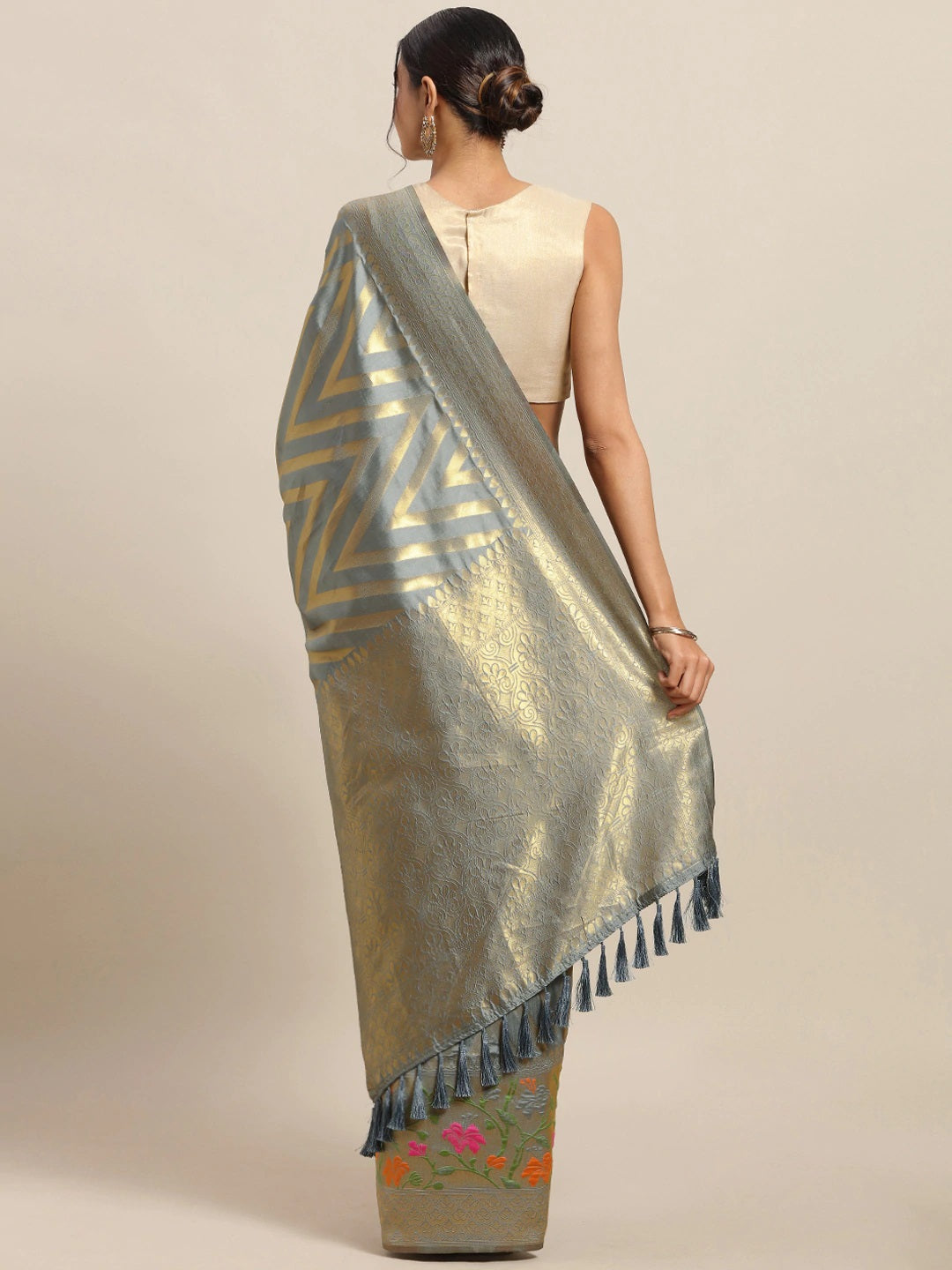 Banarasi Grey Colour Geometric Design Silk Cotton Saree