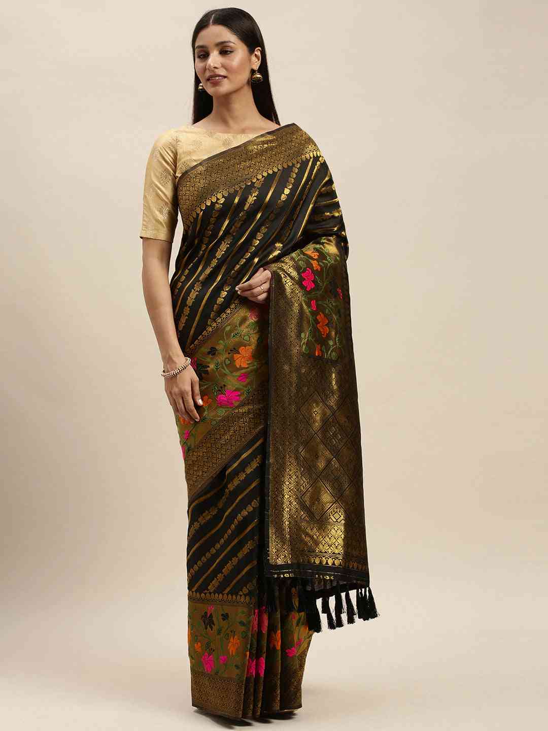 Banarasi Black Silk Cotton Saree with Ethnic Motifs