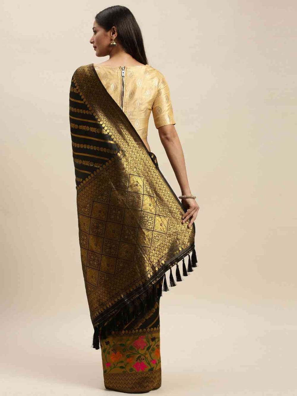 Banarasi Black Silk Cotton Saree with Ethnic Motifs