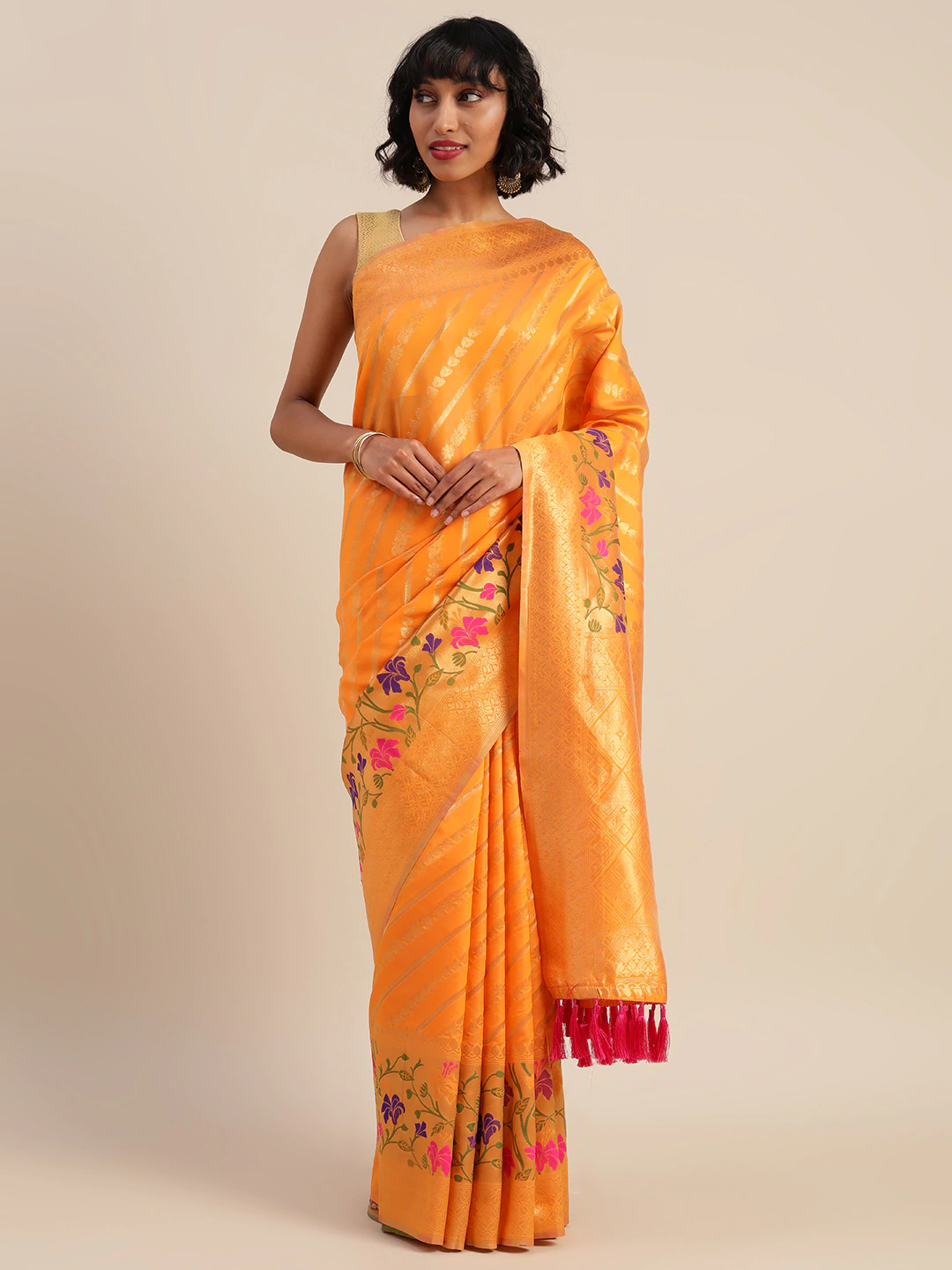 Banarasi Orange Ethnic Motifs Silk Cotton Saree