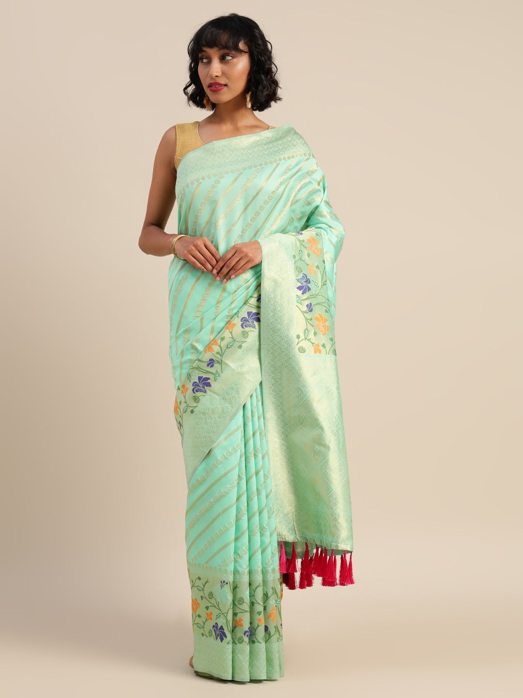  Banarasi Sea Green Ethnic Motifs Silk Cotton Saree 