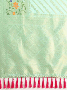  Banarasi Sea Green Ethnic Motifs Silk Cotton Saree 