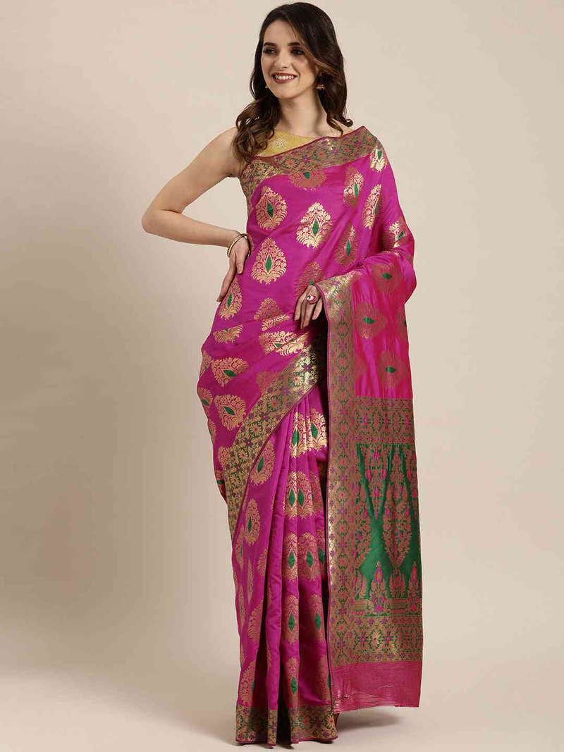 Stylish Rani Colour Silk Woven Design Banarasi Saree