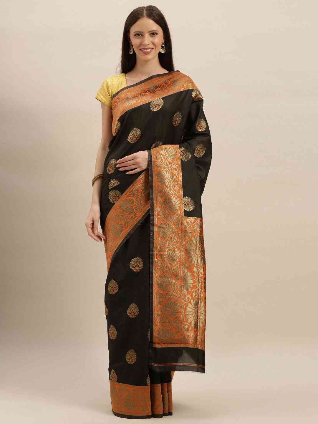  Banarasi Orange Saree With Elegant Zari Border