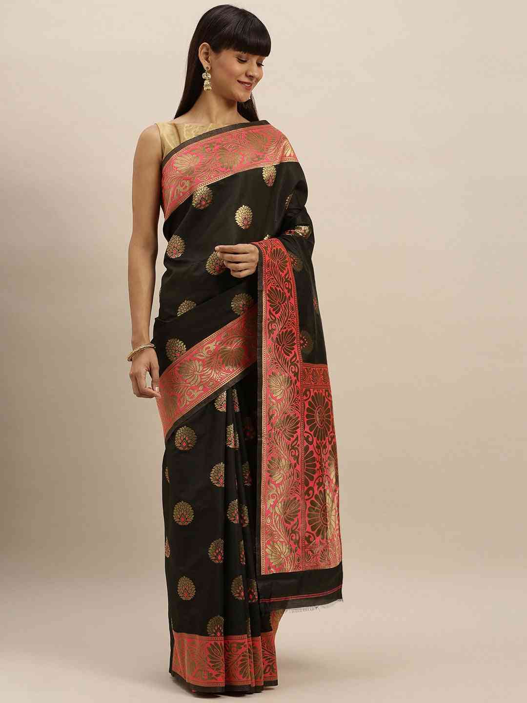  Banarasi Gajari Colour Embroidered Saree With Zari Border