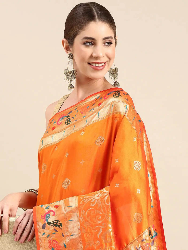 Yevla Paithani Minakari Work Silk Saree in Orange Colour