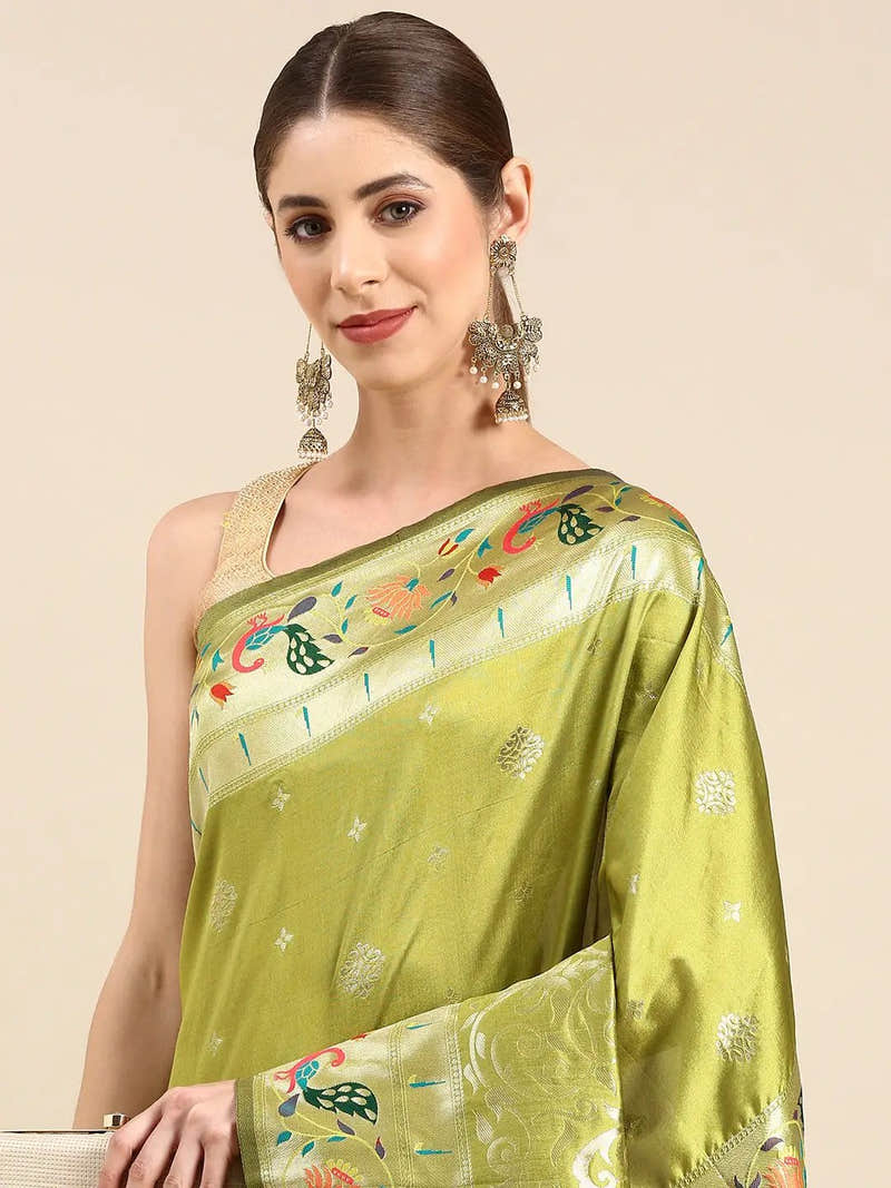 Pista Colour Yevla Paithani Minakari Work Silk Saree