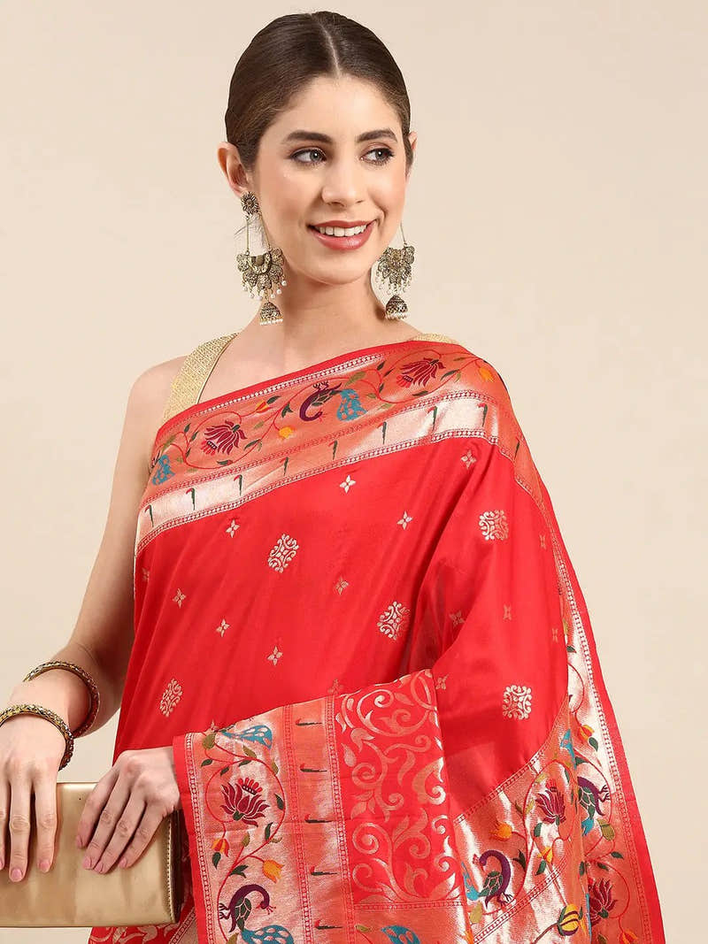 Red Colour Yevla Paithani Minakari Work Silk Saree