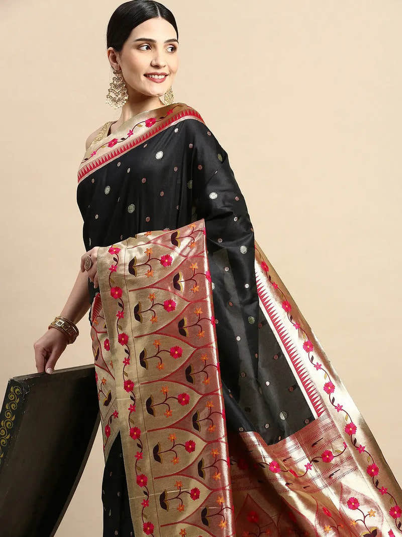 Black Colour Yevla Paithani Minakari Work Silk Saree.