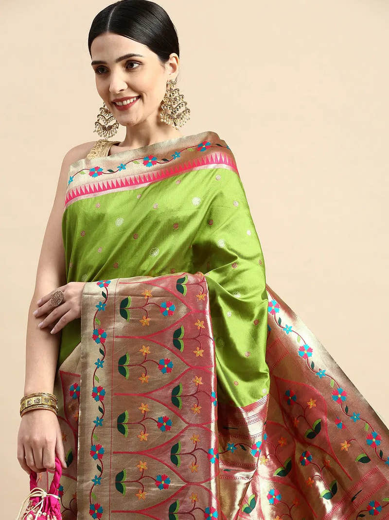 Lime Colour Yevla Paithani Minakari Work Silk Saree