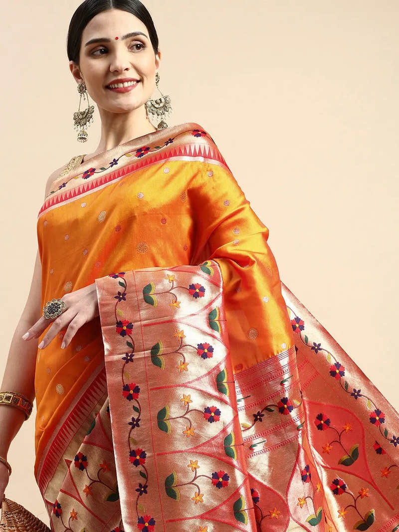Exquisite Yevla Paithani Minakari Work Silk Saree in Orange Colour