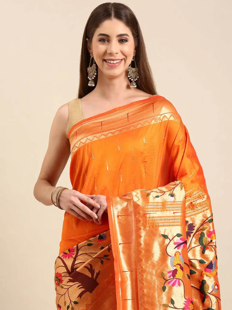 Traditional Yevla Paithani Minakari Work Silk Saree in Orange Colour