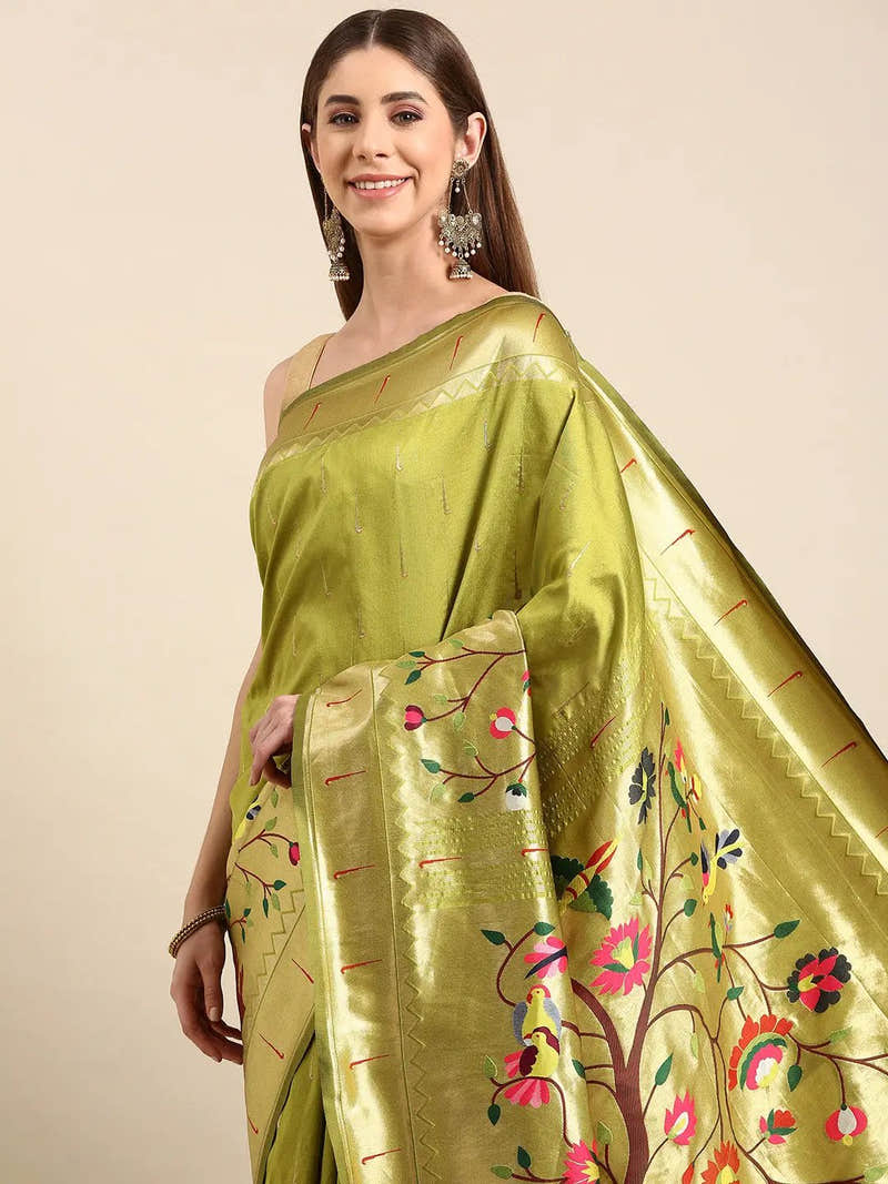 Exquisite Yevla Paithani Minakari Work Pista Colour Silk Saree