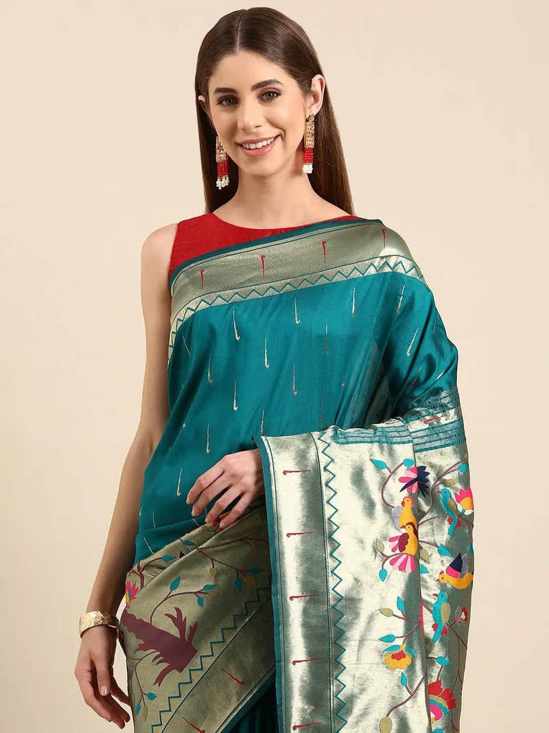 Yevla Paithani Minakari Work Silk Saree in Rama Colour
