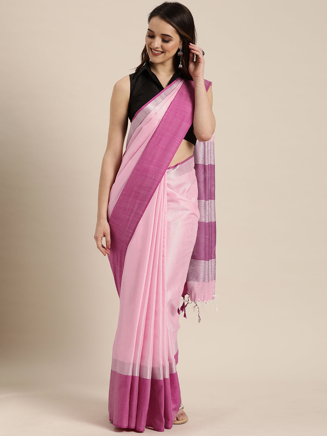 Elegant Pink Solid Linen Blend Saree 