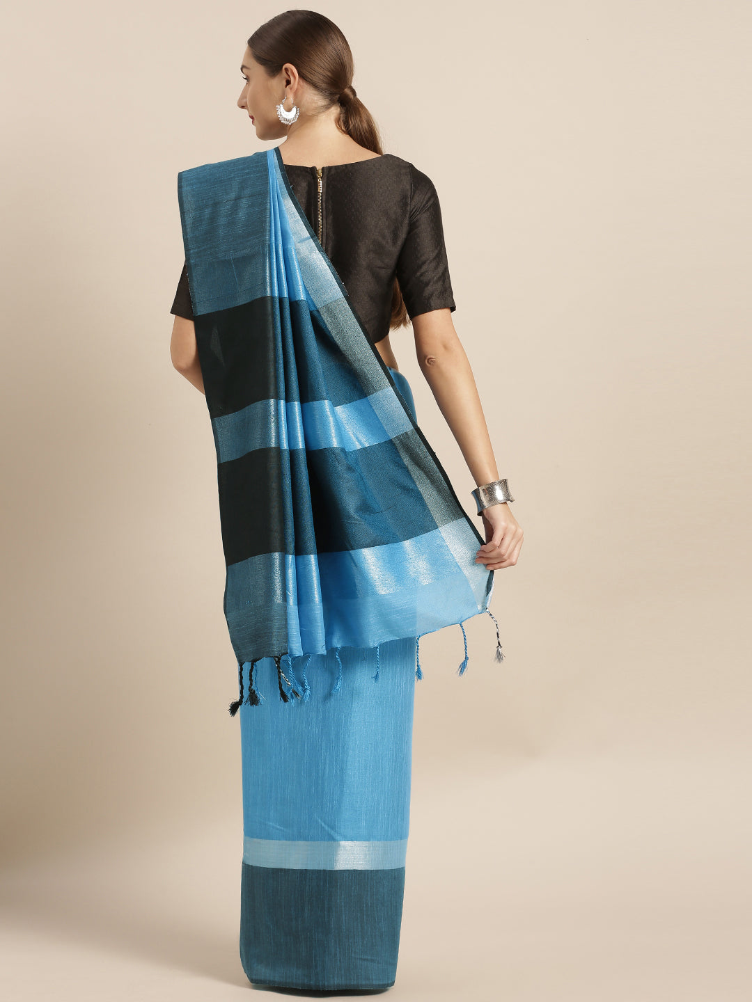 Exclusive Blue Colour Solid Linen Blend Saree