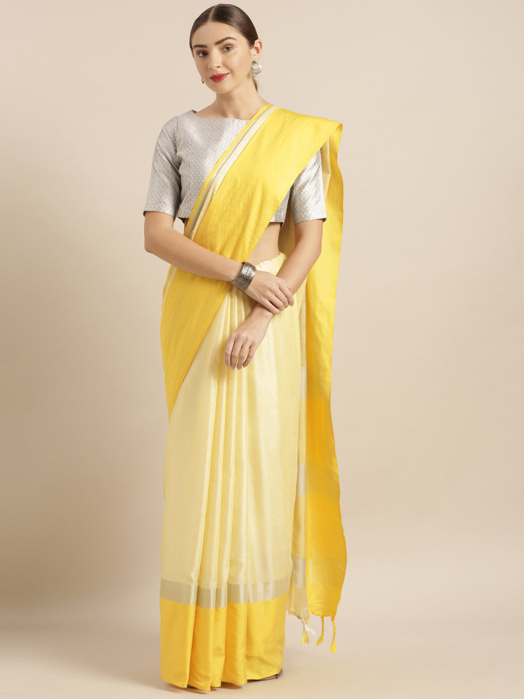 Stylish Yellow Colour Solid Linen Blend Saree