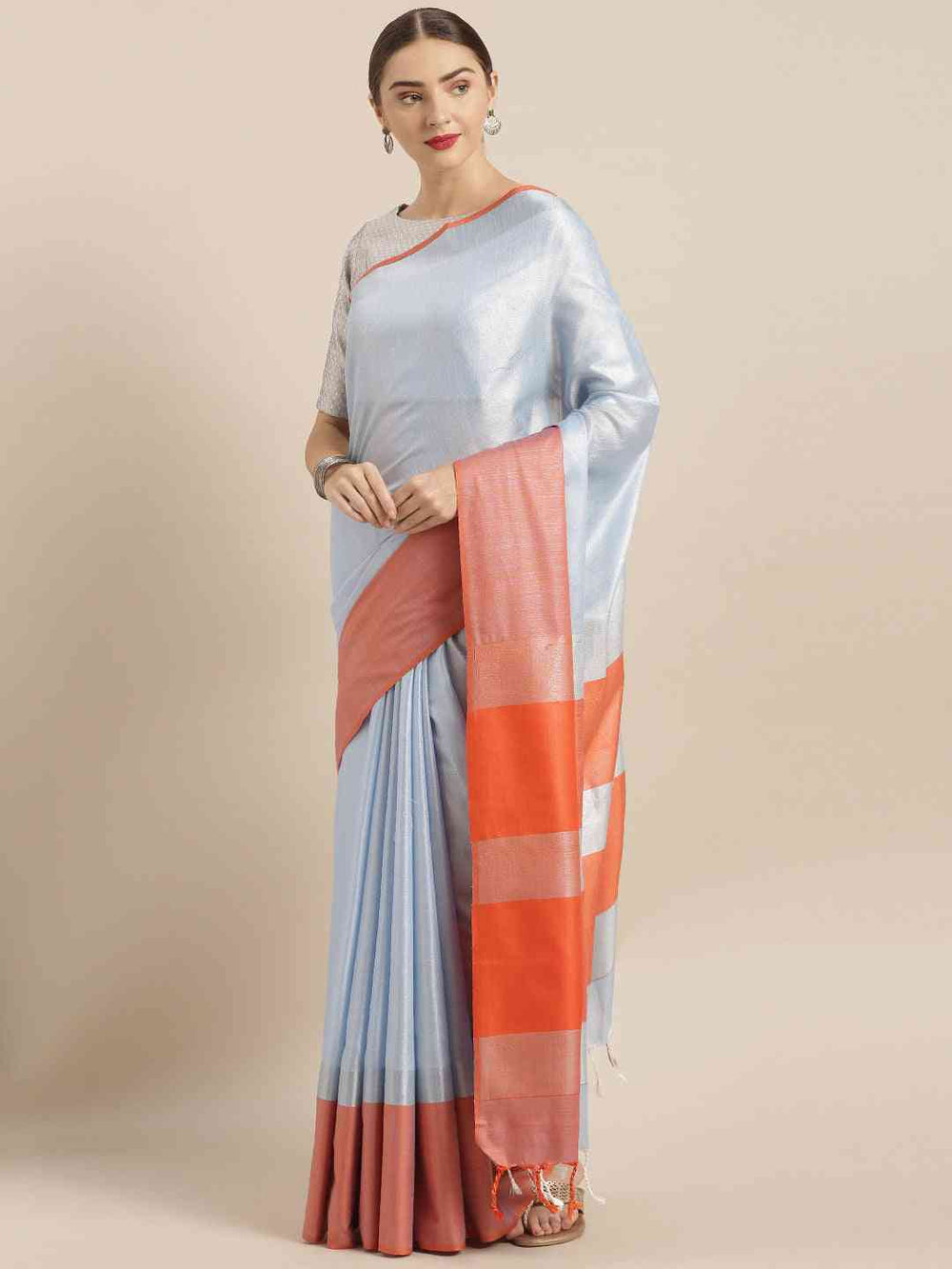  Exclusive Sky Blue Colour Solid Linen Blend Saree