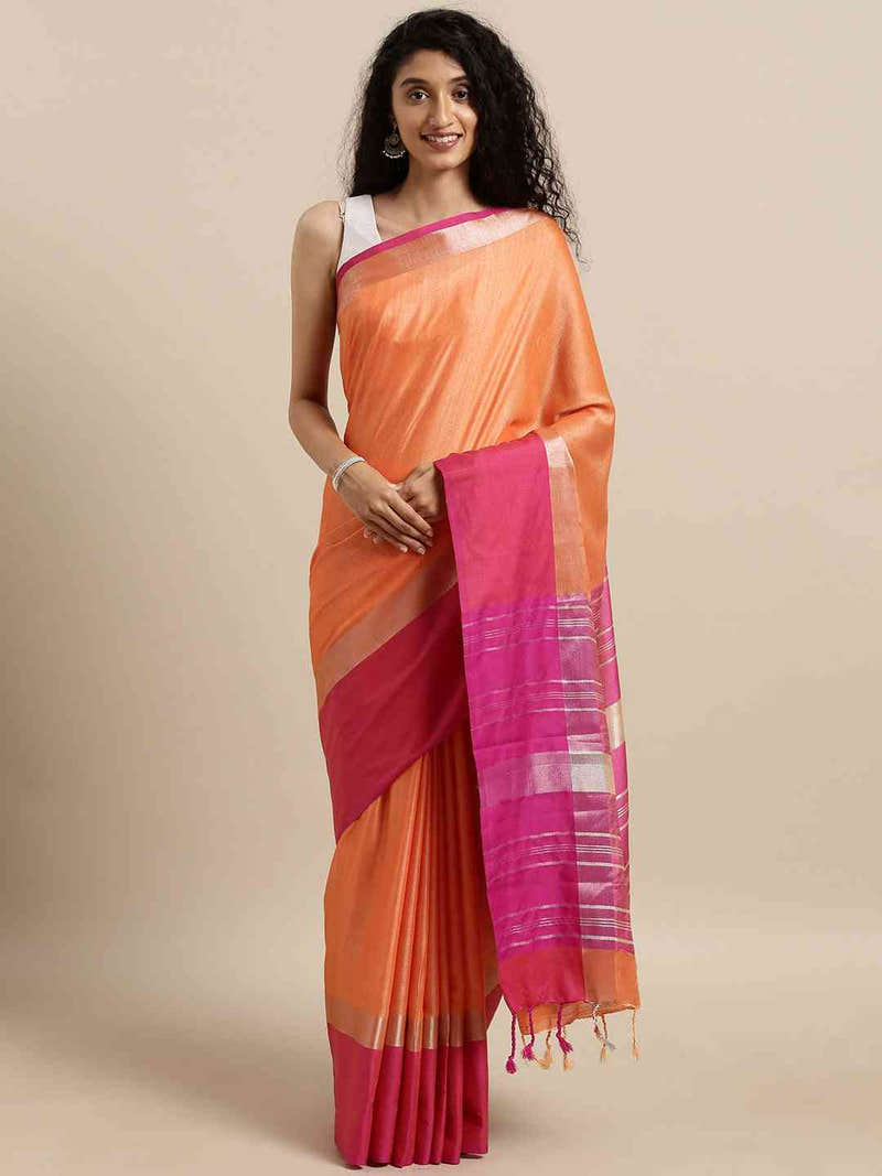 Elegant Orange Colour Solid Linen Blend Saree With Zari Border