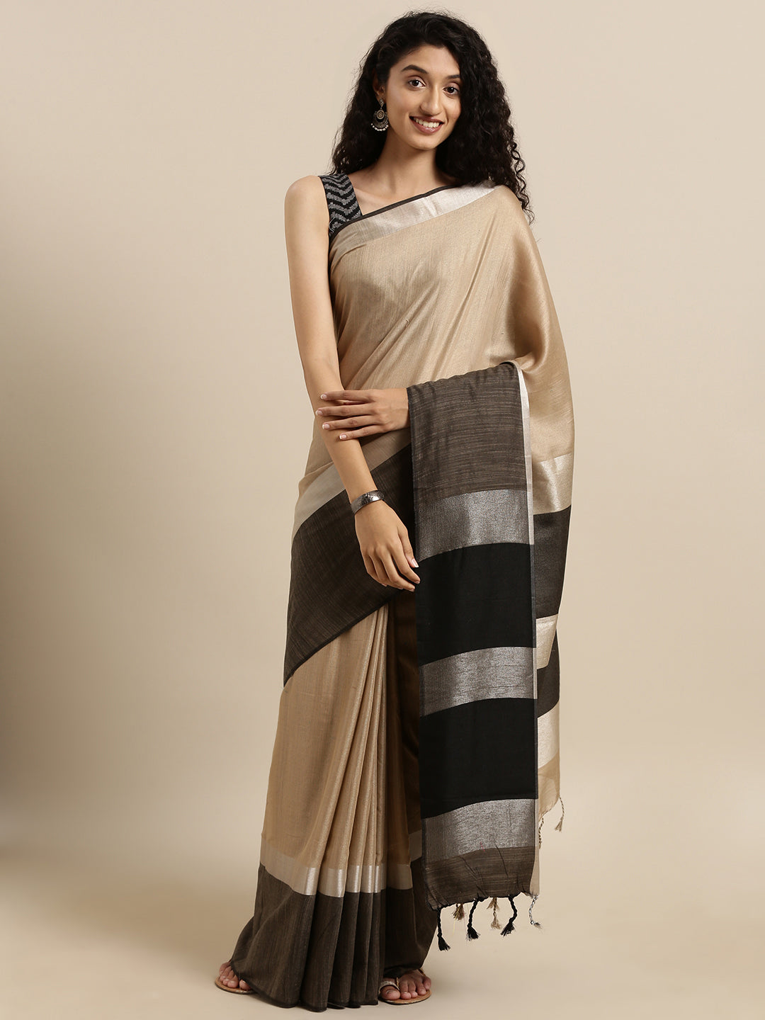 Exclusive Beige Colour Solid Linen Blend Saree