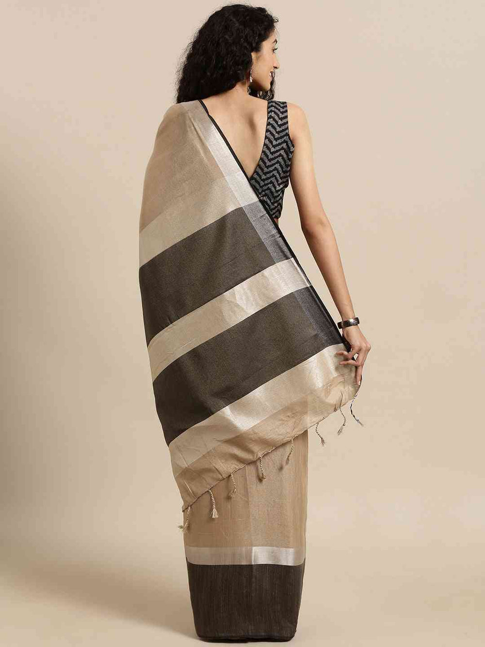 Exclusive Beige Colour Solid Linen Blend Saree