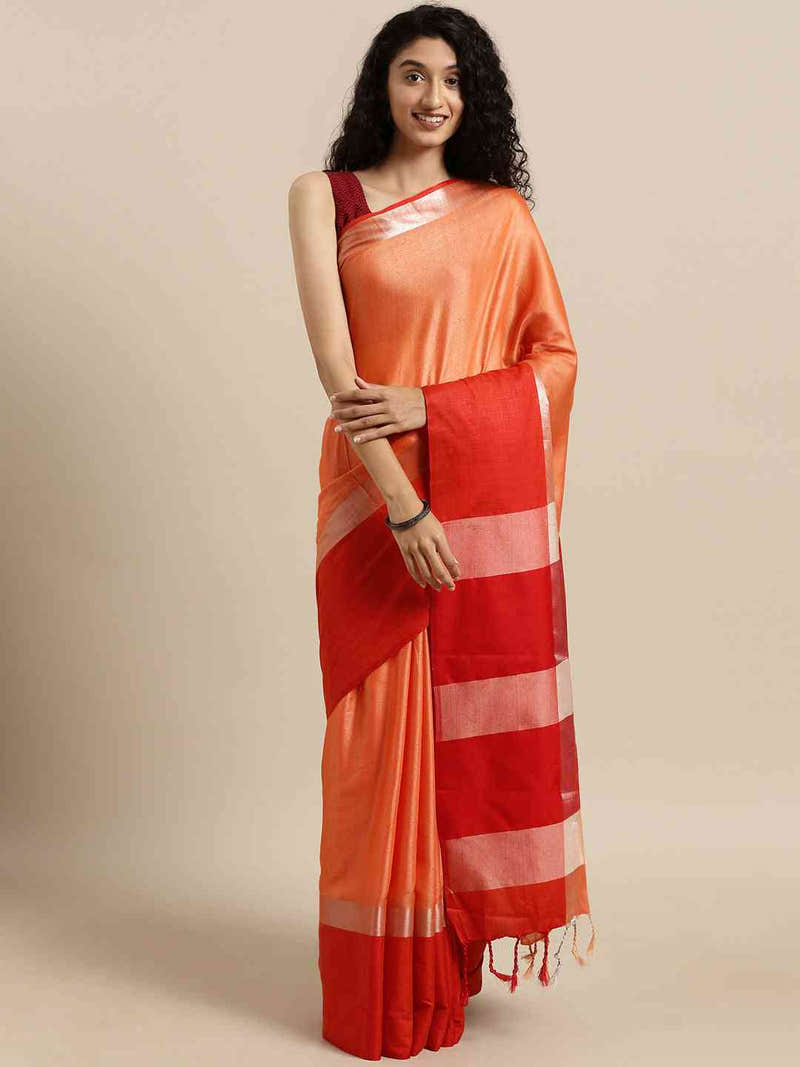 Elegant Orange Colour Solid Linen Blend Saree
