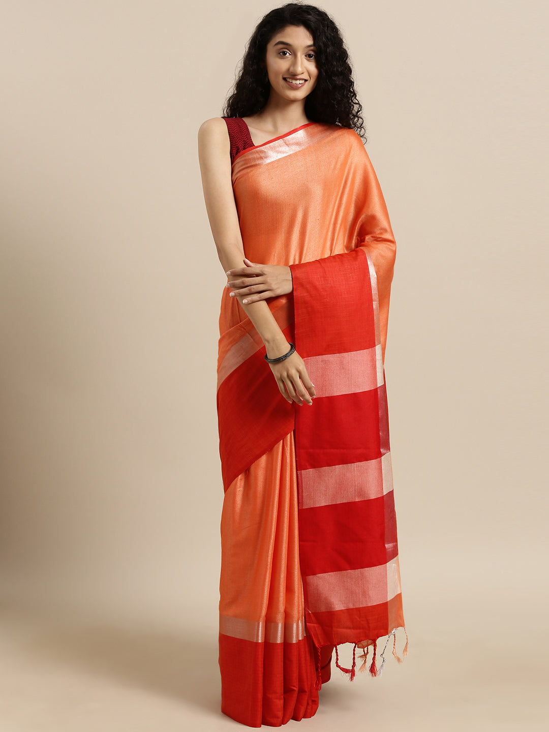  Elegant Orange Colour Solid Linen Blend Saree
