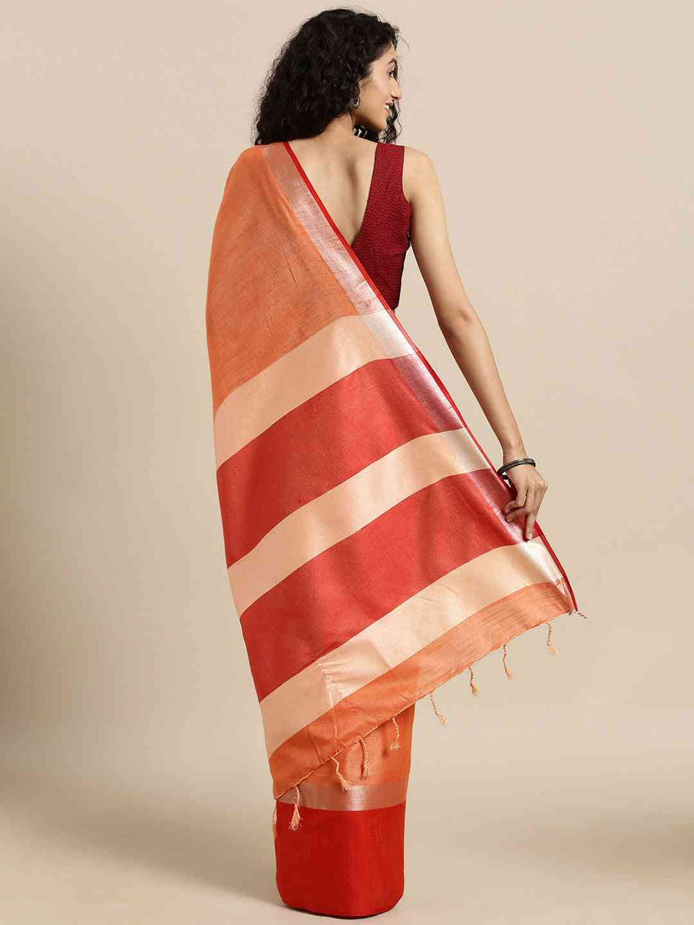  Elegant Orange Colour Solid Linen Blend Saree