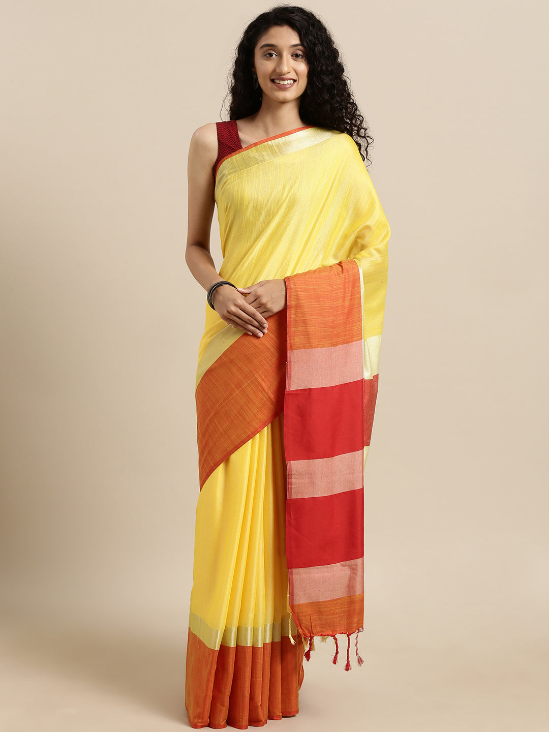  Elegant Light Yellow Linen Blend Saree