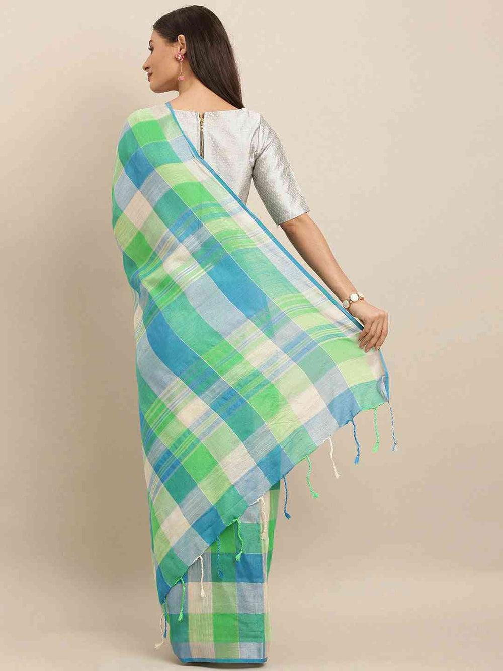  Stylish Checked Sky Blue Colour Zari Work Saree