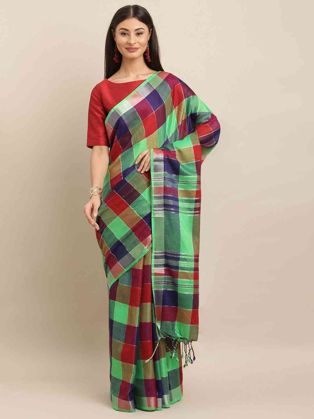  Stylish Checked Green Colour Saree With Zari Border
