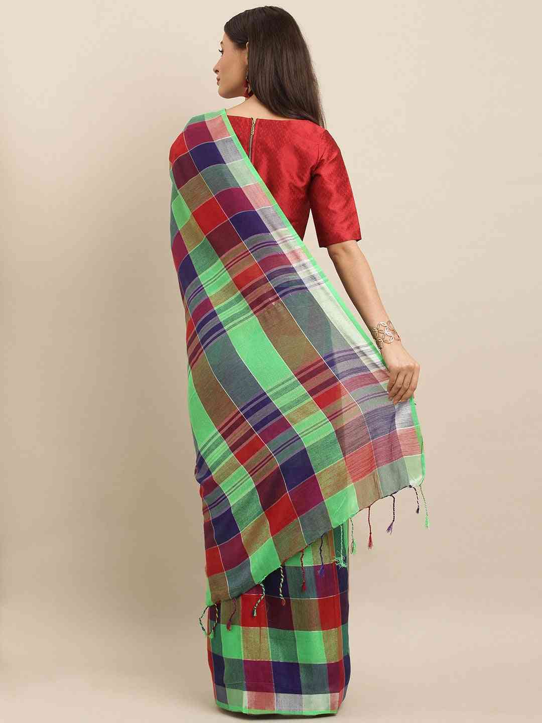  Stylish Checked Green Colour Saree With Zari Border