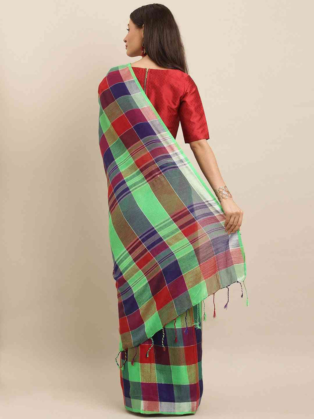  Stylish Checked Green Colour Saree With Zari Border