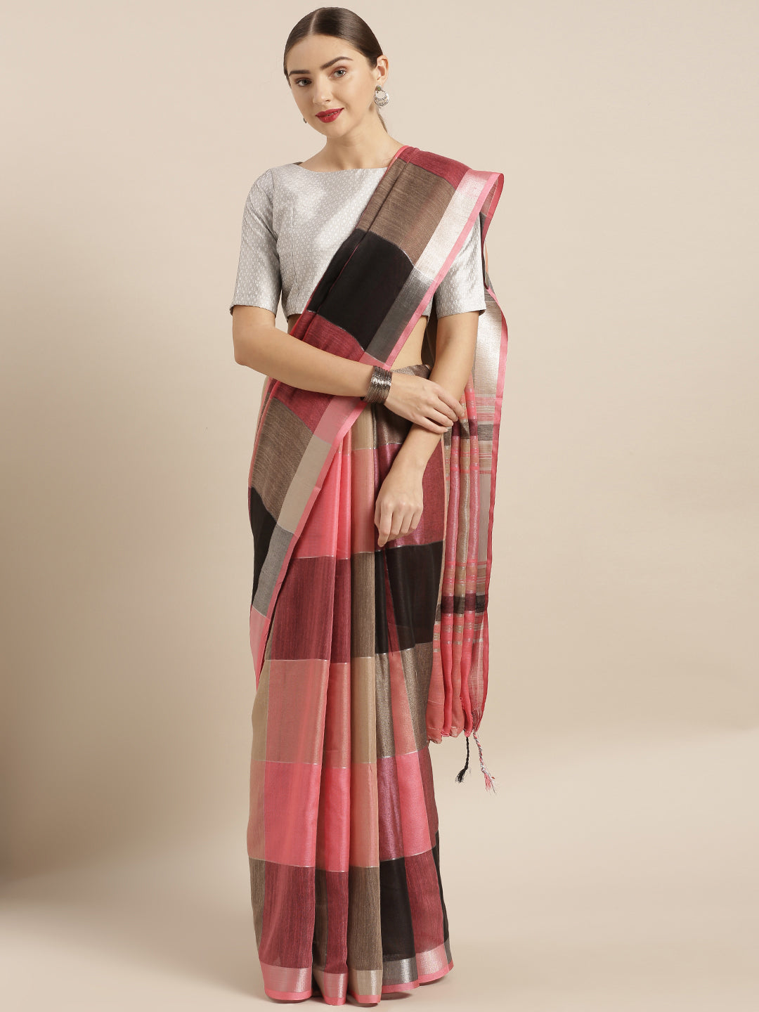 Latest Linen Blend Checked Banarasi Saree in Muvel Colour