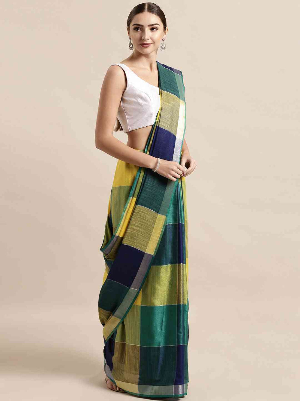 Stylish Linen Blend Checked Banarasi Saree in Green Colour