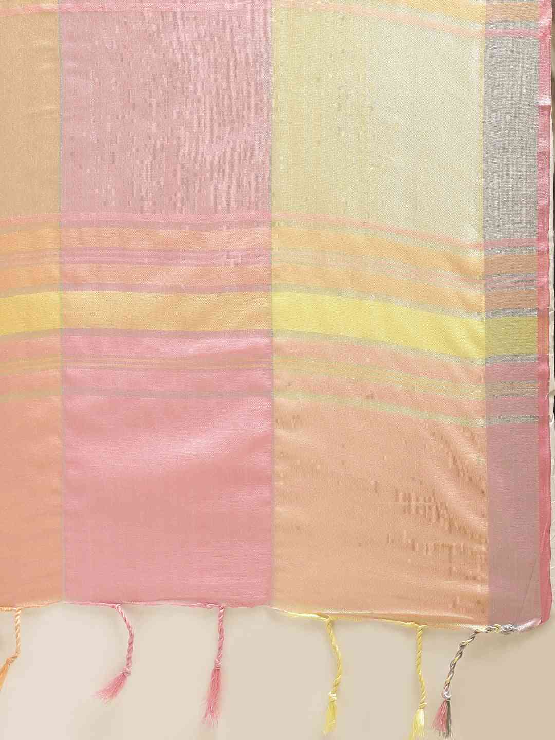 Latest Linen Blend Checked Banarasi Saree in Peach Colour