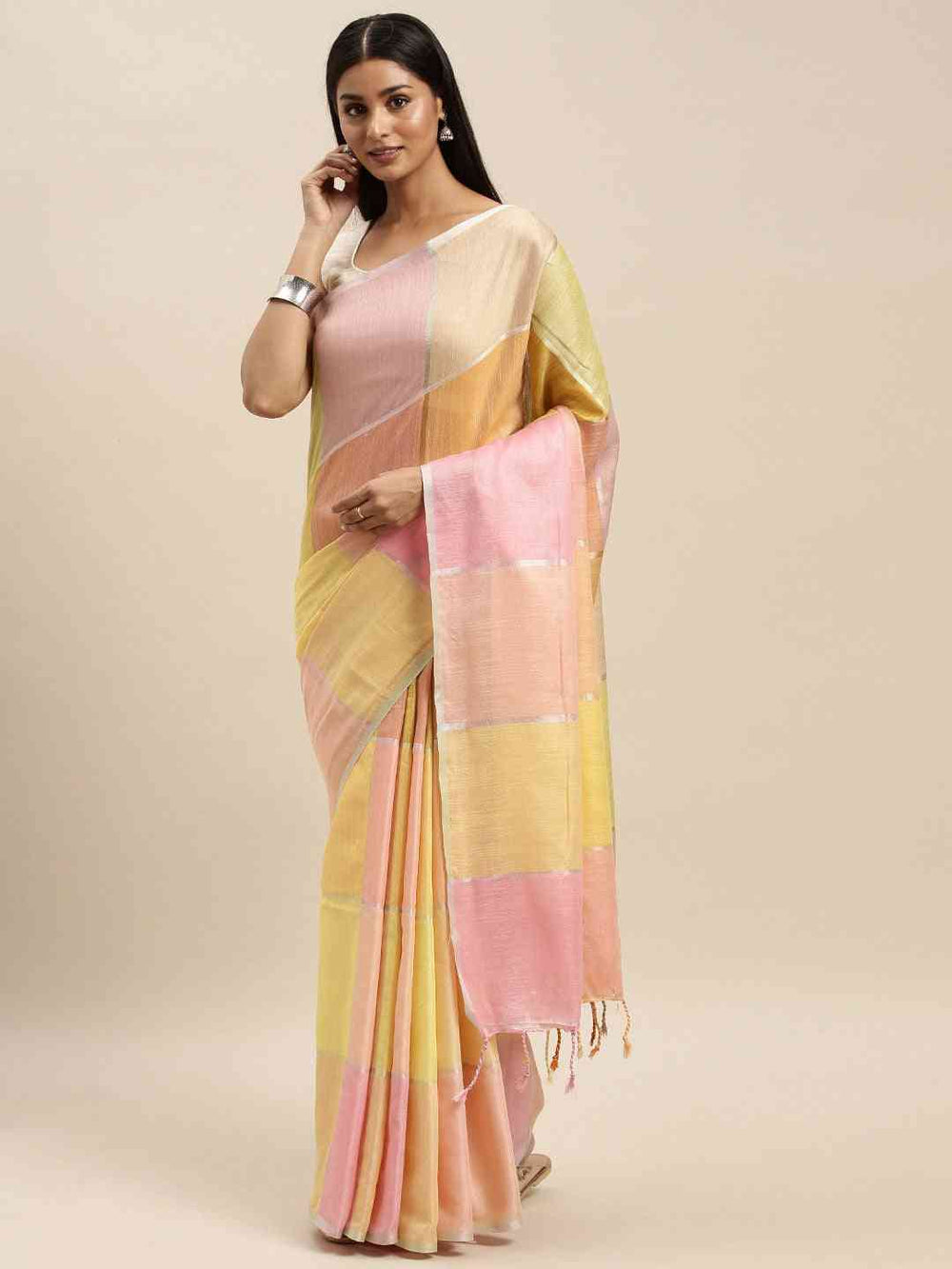 Linen Blend Checked Banarasi Saree in Pink & Peach Colour