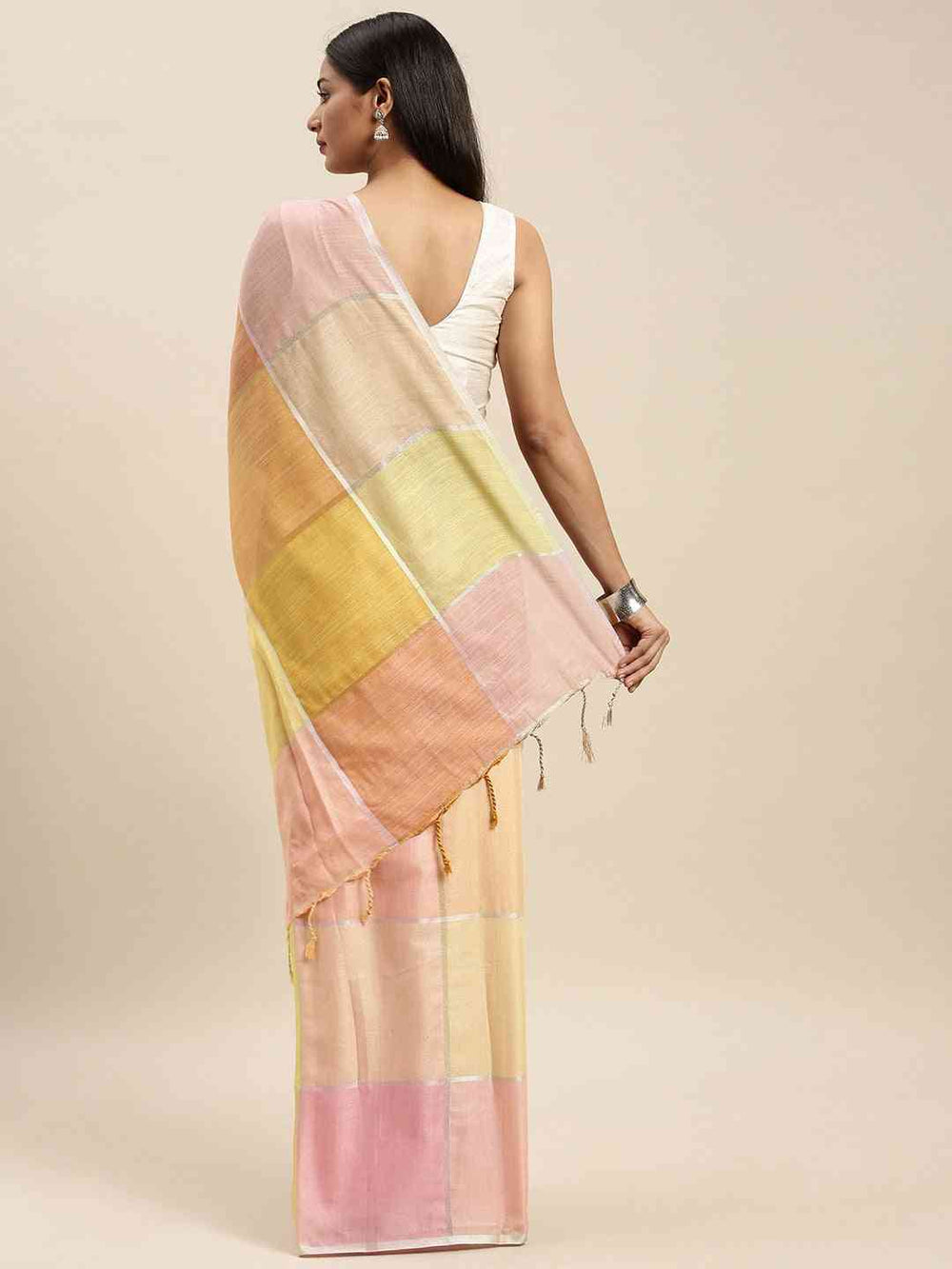 Linen Blend Checked Banarasi Saree in Pink & Peach Colour