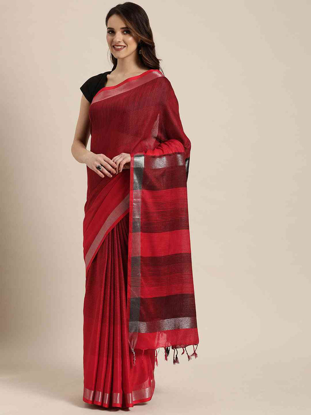 Red Colour Striped Linen Blend Saree With Zari Border