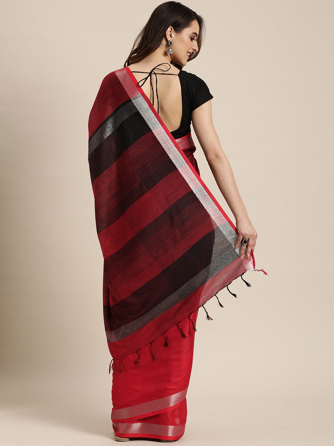 Red Colour Striped Linen Blend Saree With Zari Border