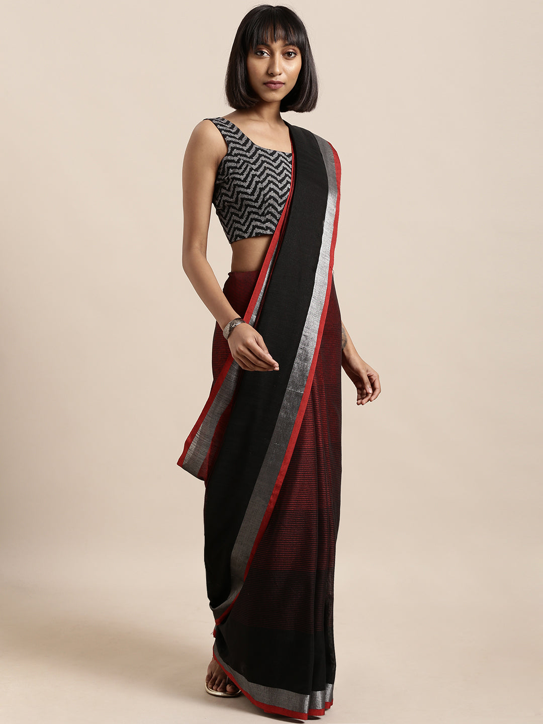 Exclusive Black Colour Striped Linen Blend Saree