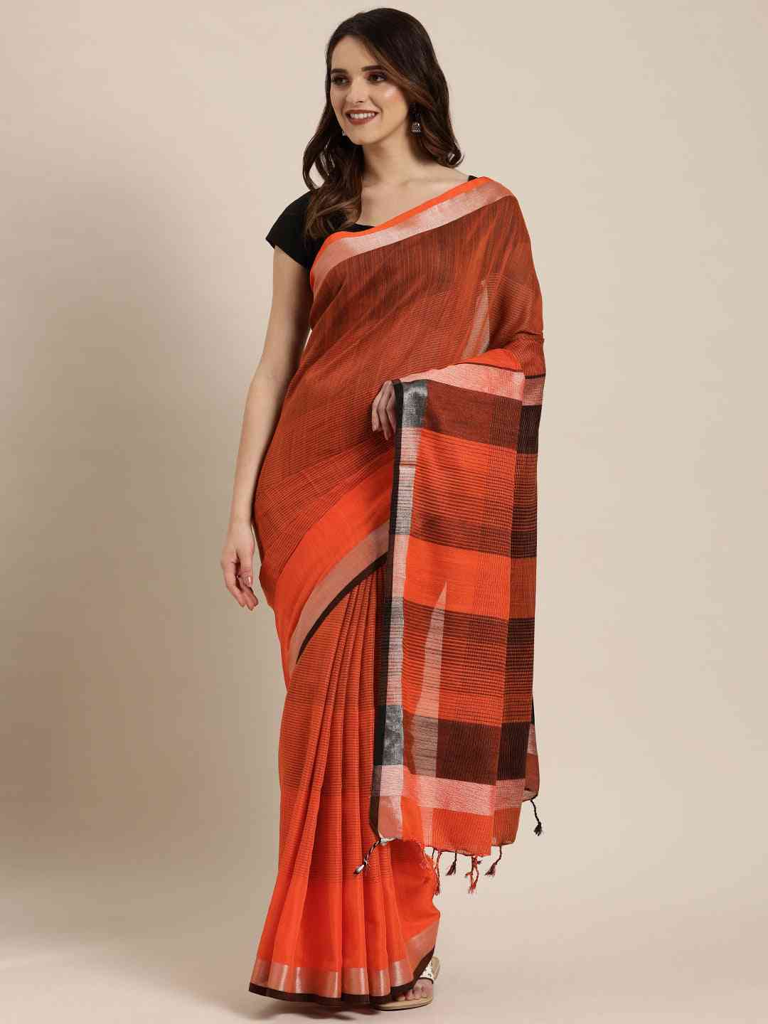  Stylish Orange Colour Striped Linen Blend Saree