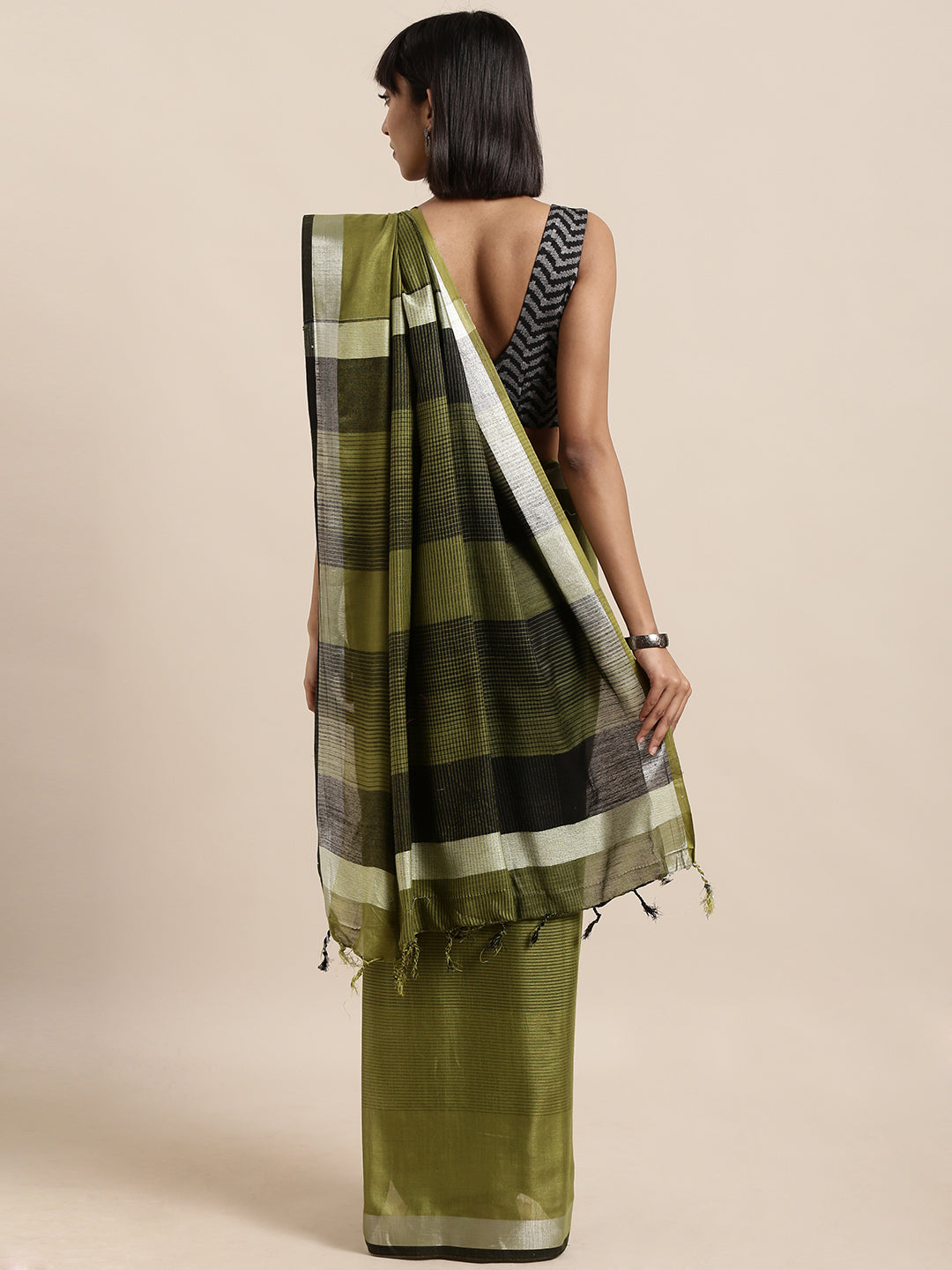 Stylish Linen Blend Striped Olive Colour Saree