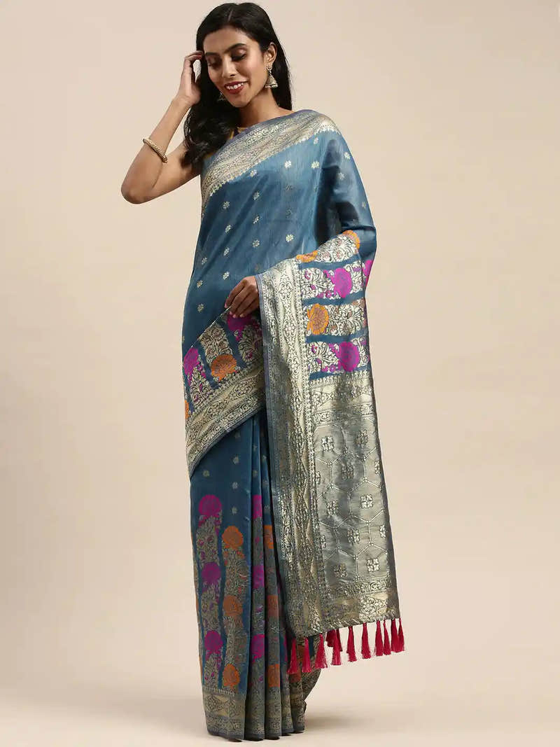 Banarasi Firozi Colour Zari Border Cotton Saree