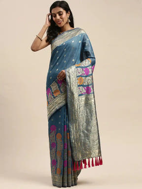 Latest Banarasi Zari Border Cotton Saree In Firozi Colour