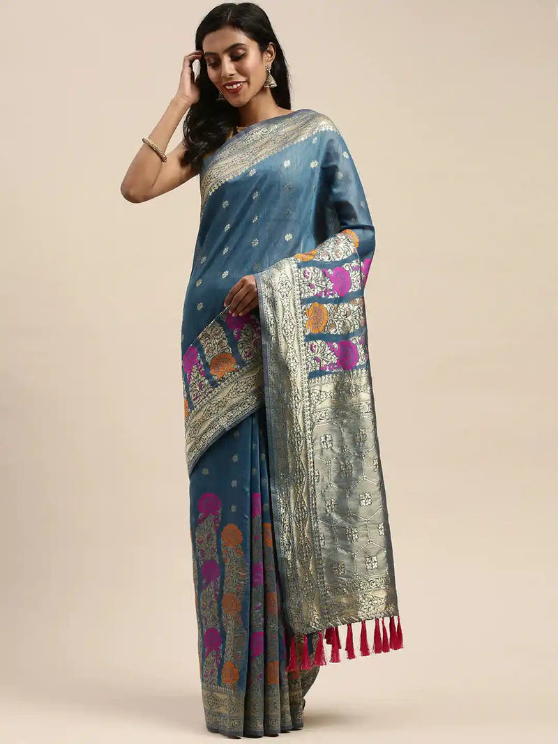 Latest Banarasi Zari Border Cotton Saree In Firozi Colour