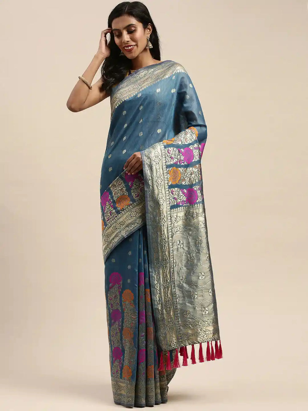 Latest Banarasi Zari Border Cotton Saree In Firozi Colour