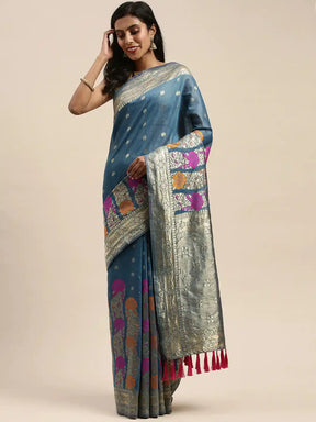 Latest Banarasi Zari Border Cotton Saree In Firozi Colour
