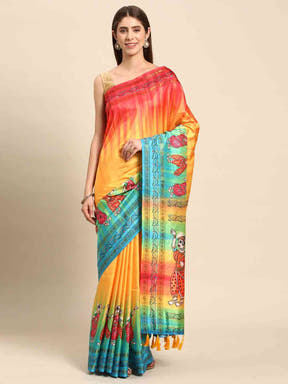  Beautiful Kalamkari Silk Saree With Block Print