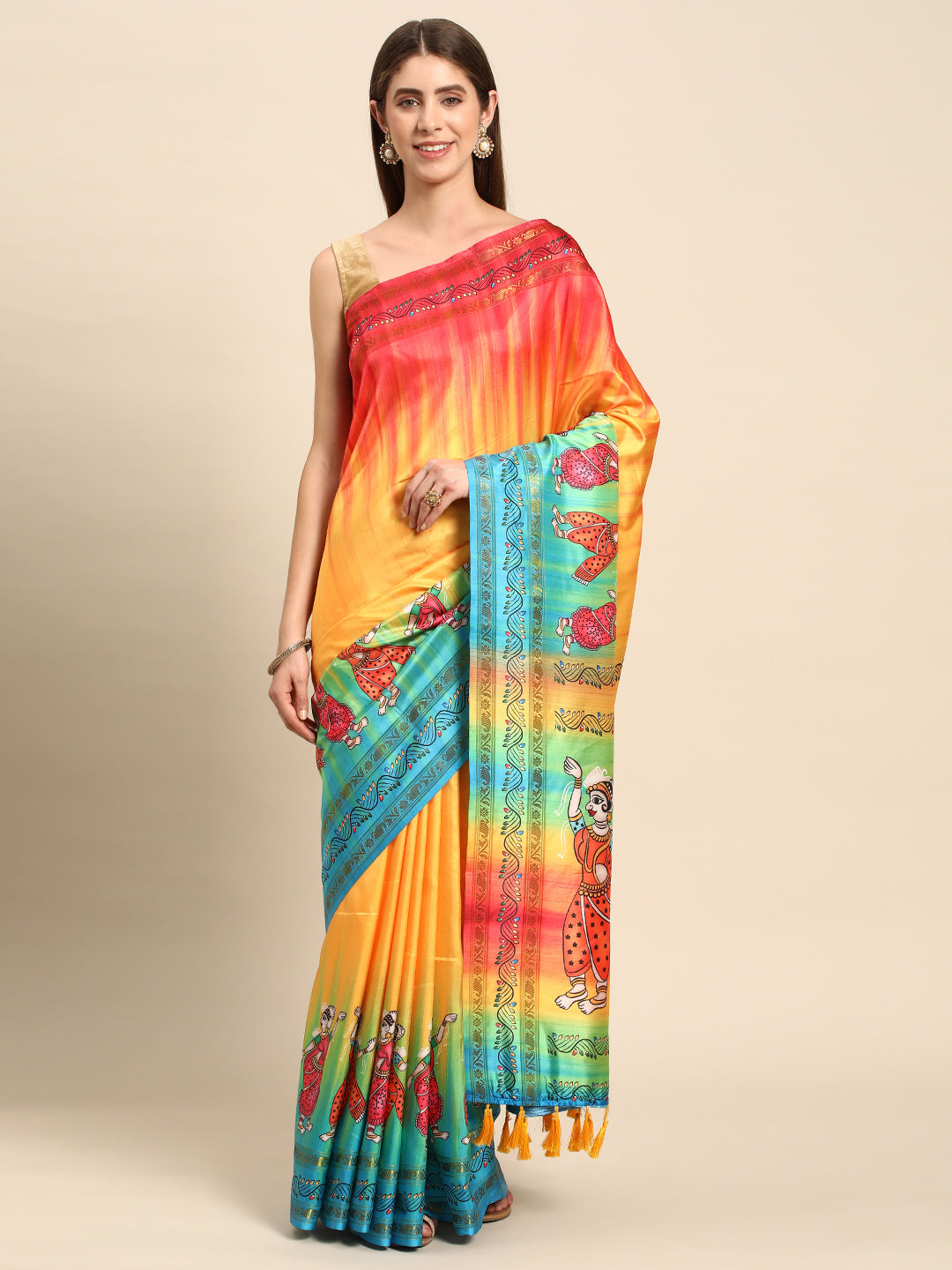 Beautiful Kalamkari Silk Saree With Block Print
